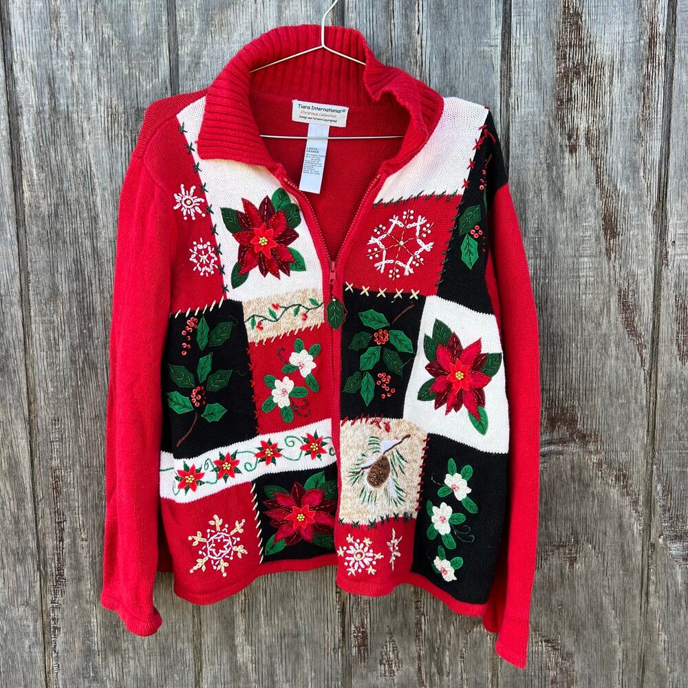 VTG Tiara Ugly Christmas cardigan sweater poinsettia snowflake Holly pinecone L